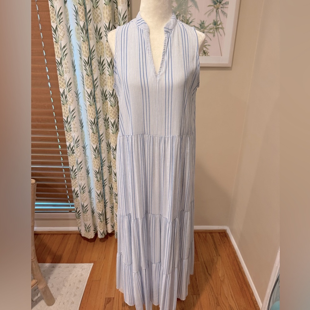 BR Blue Striped Maxi Dress Sleeveless Vneck Gauze Rayon Viscose Tiered
